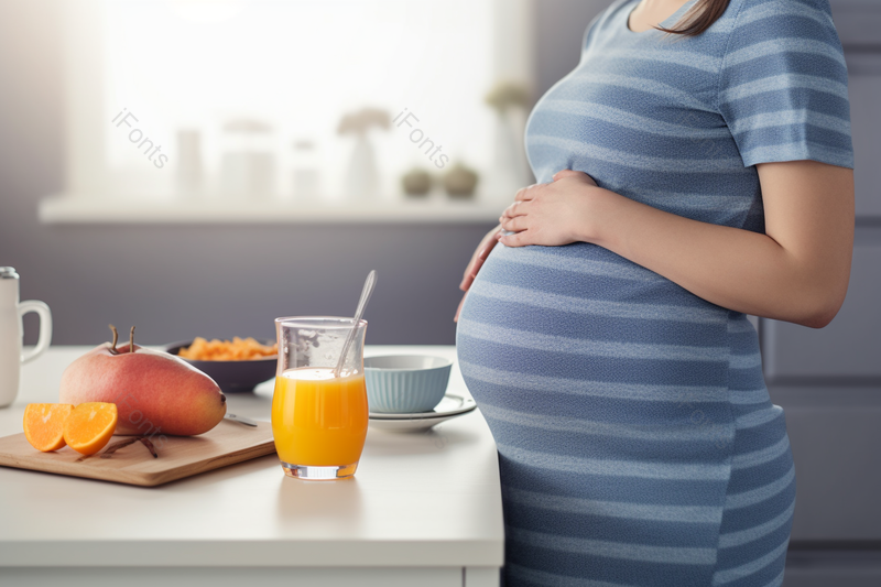 孕妇抚摸她的孕肚在厨房做健康早餐,高清,摄影图,摄影图片,图片大全,摄影图免费下载